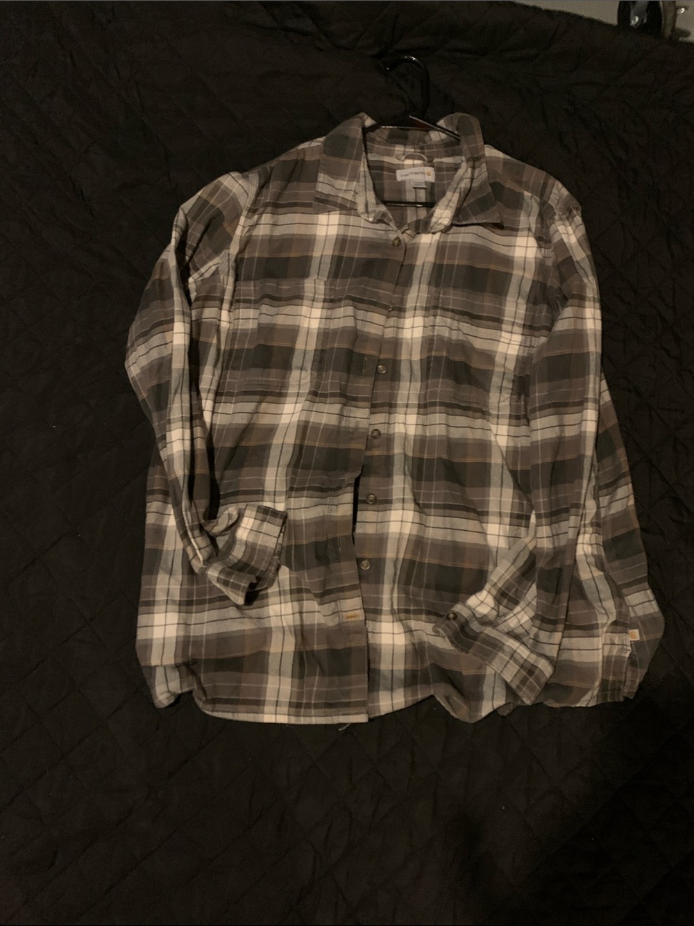Carhartt Men's Gray and White Plaid Button-Down Shirt
